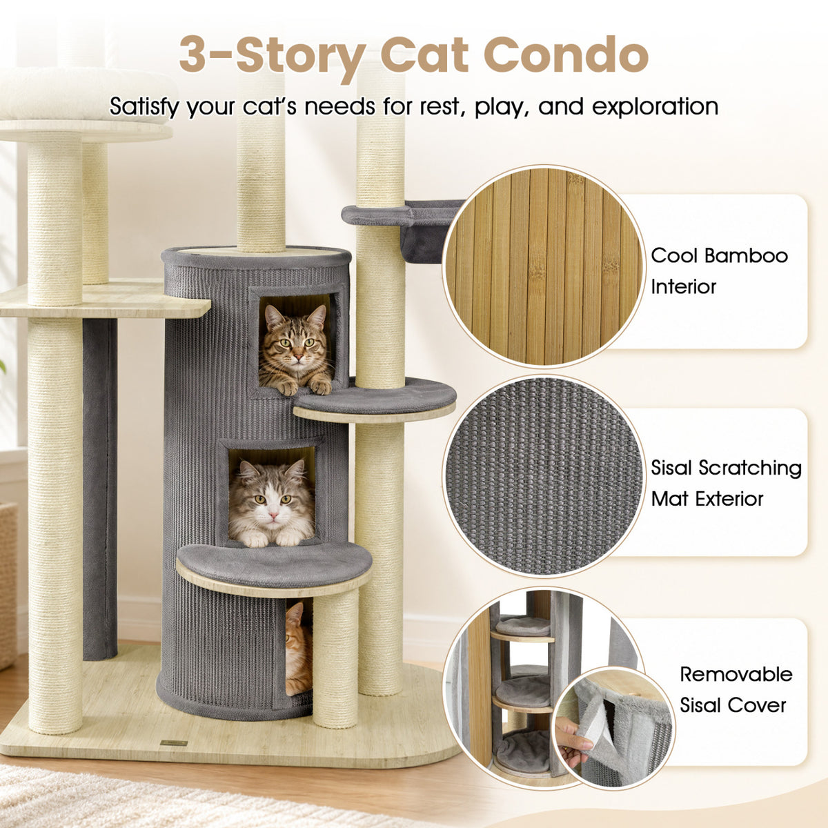 68 Inch Wooden Cat Tree with 3-Story Condo and Hammock for Kittens