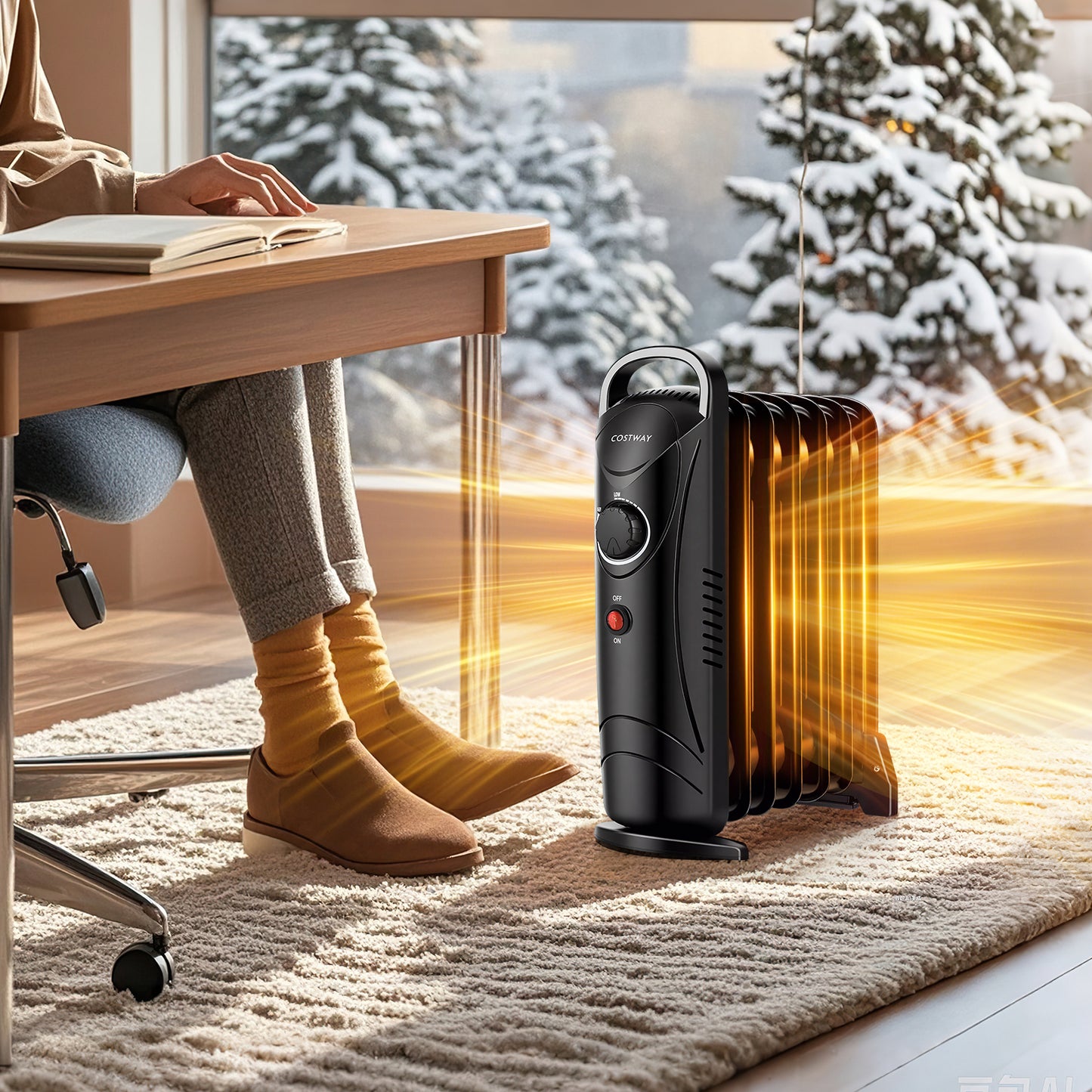 700W Electric Oil Filled Radiator Heater with Adjustable Thermostat-Black