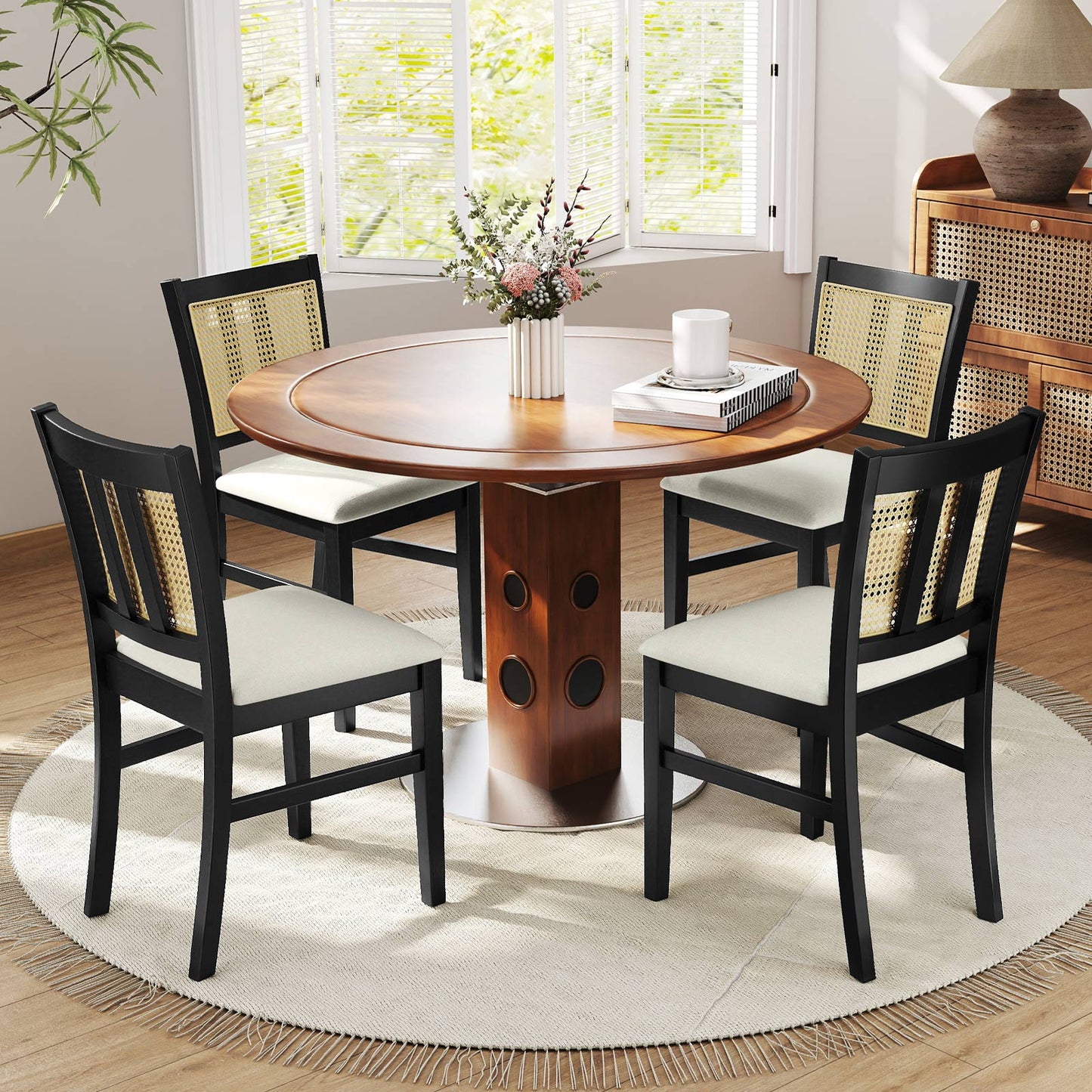 Farmhouse Rattan Dining Chair Set of 2 with Rubber Wood Legs and Cane Back-Beige