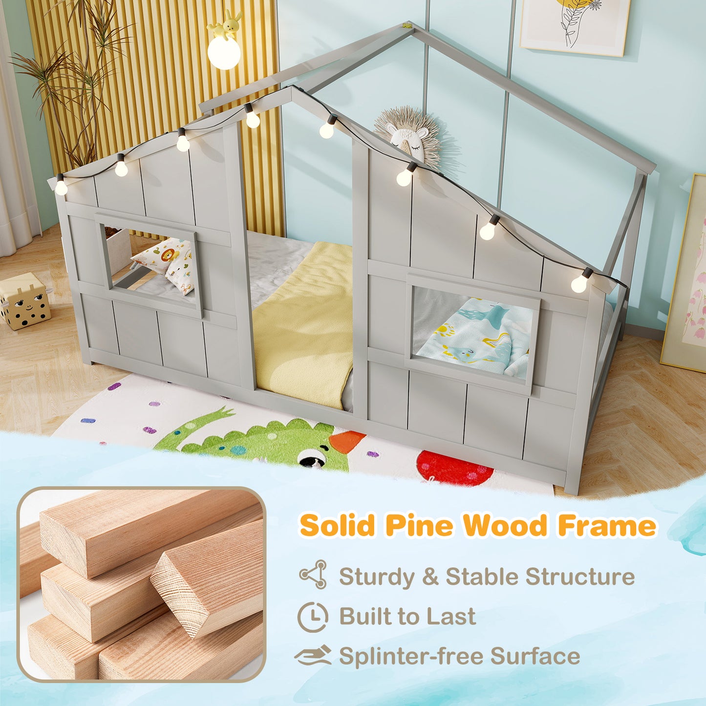 Twin Size House Bed with LED Lights Montessori Slat-free Floor Bed-Grey