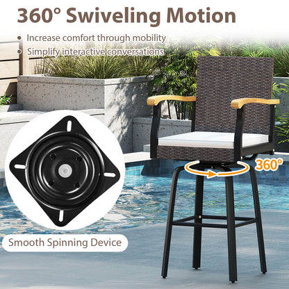 Set of 4 Outdoor 360¬∞ Swivel Bar Stool with Cushion and Acacia Wood Armrests