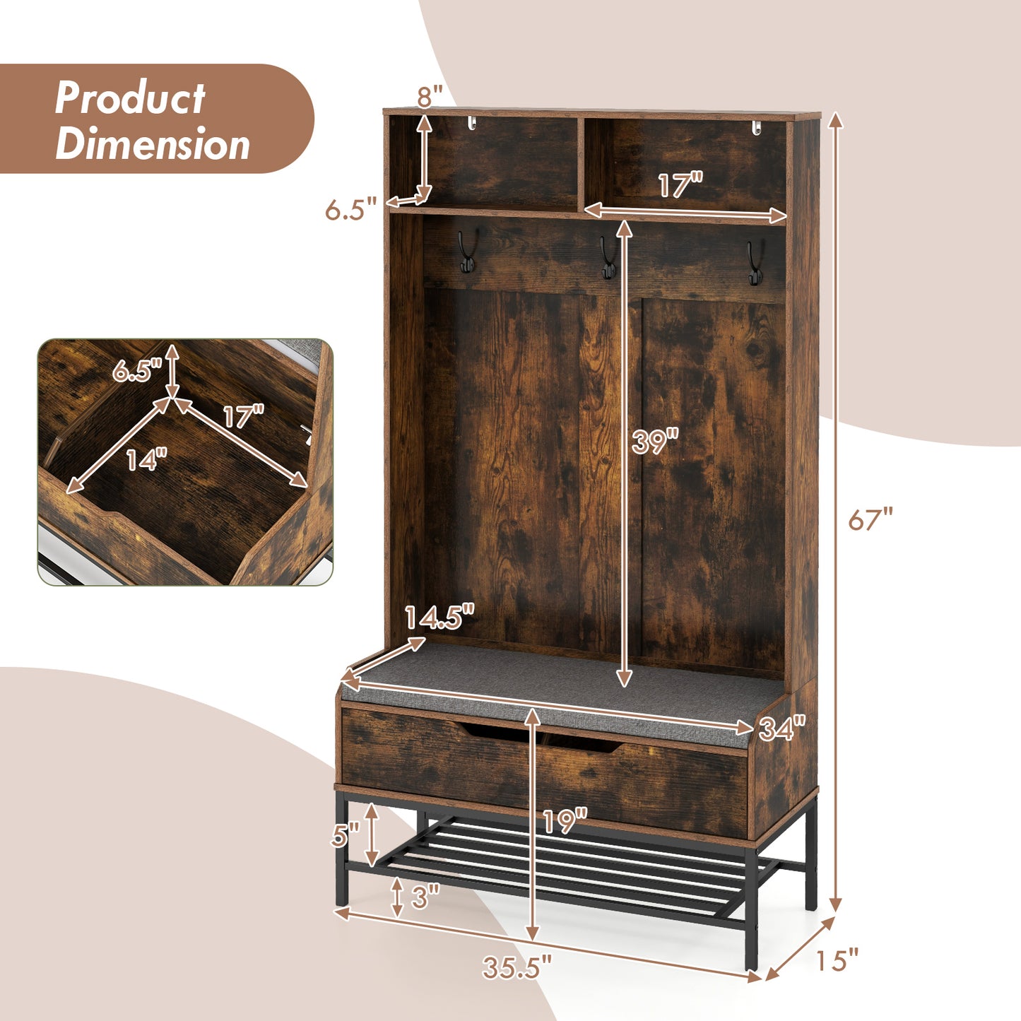 69 Inches Tall Hall Tree 4-in-1 Coat Rack with Seat Cushion and Shoe Storage