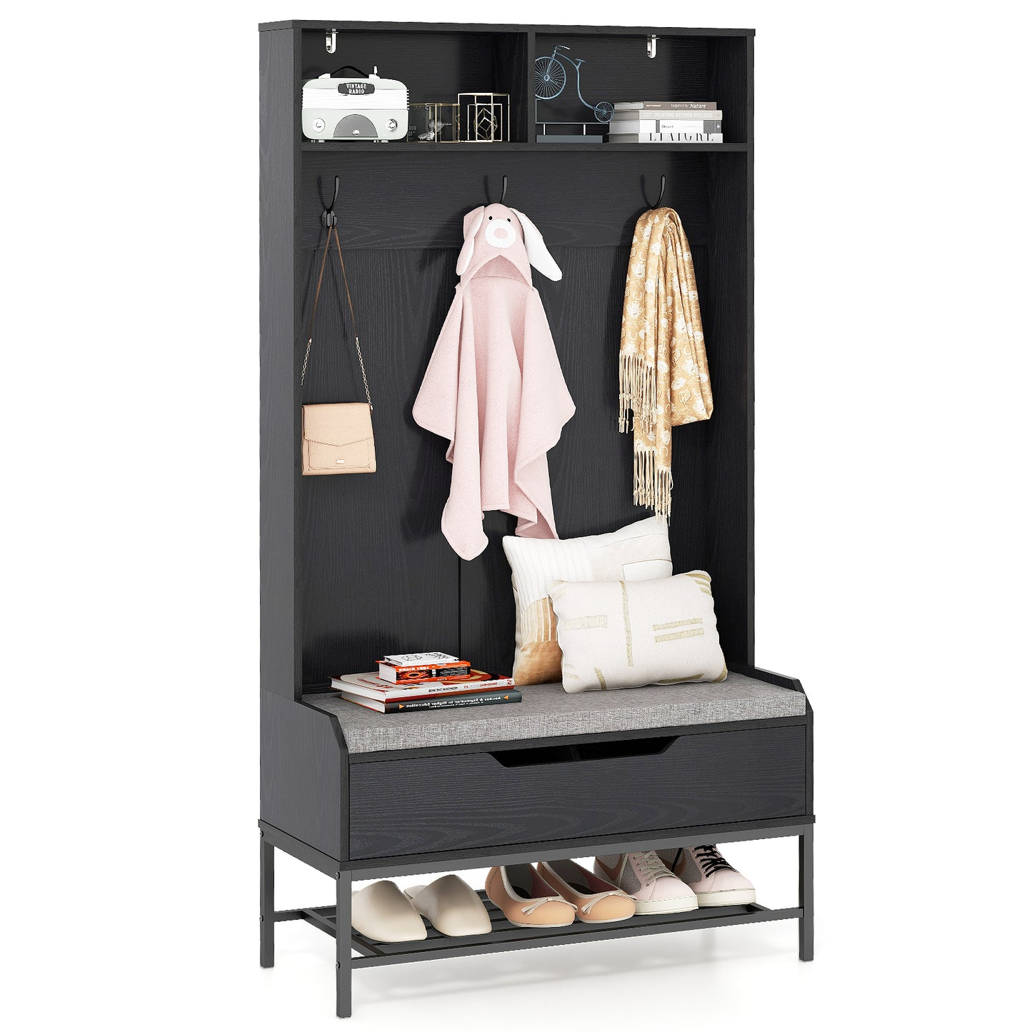 69 Inches Tall Hall Tree 4-in-1 Coat Rack with Seat Cushion and Shoe Storage-White - Black