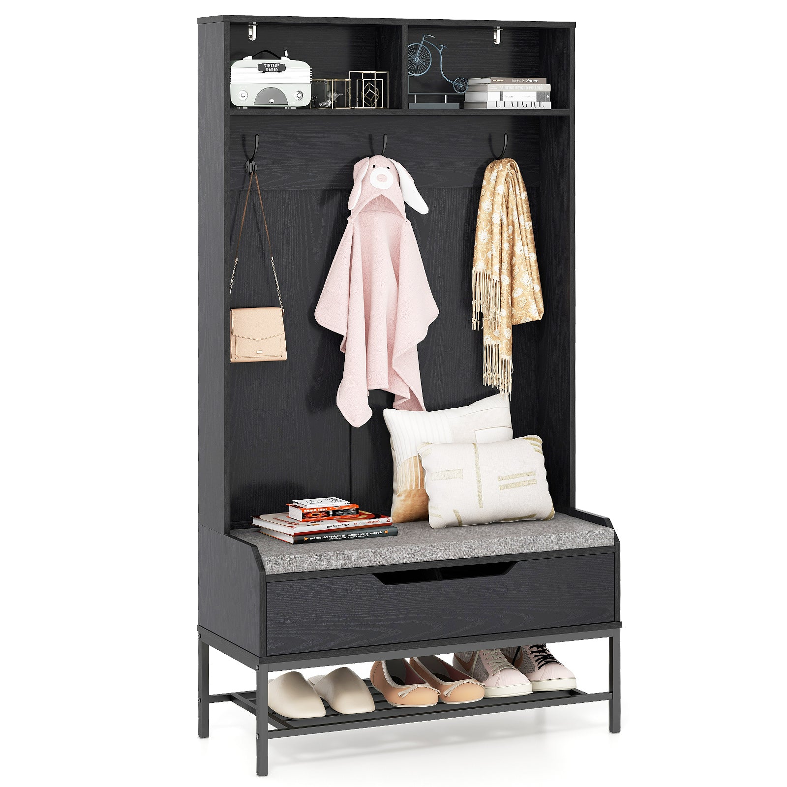 69 Inches Tall Hall Tree 4-in-1 Coat Rack with Seat Cushion and Shoe Storage-White - Black