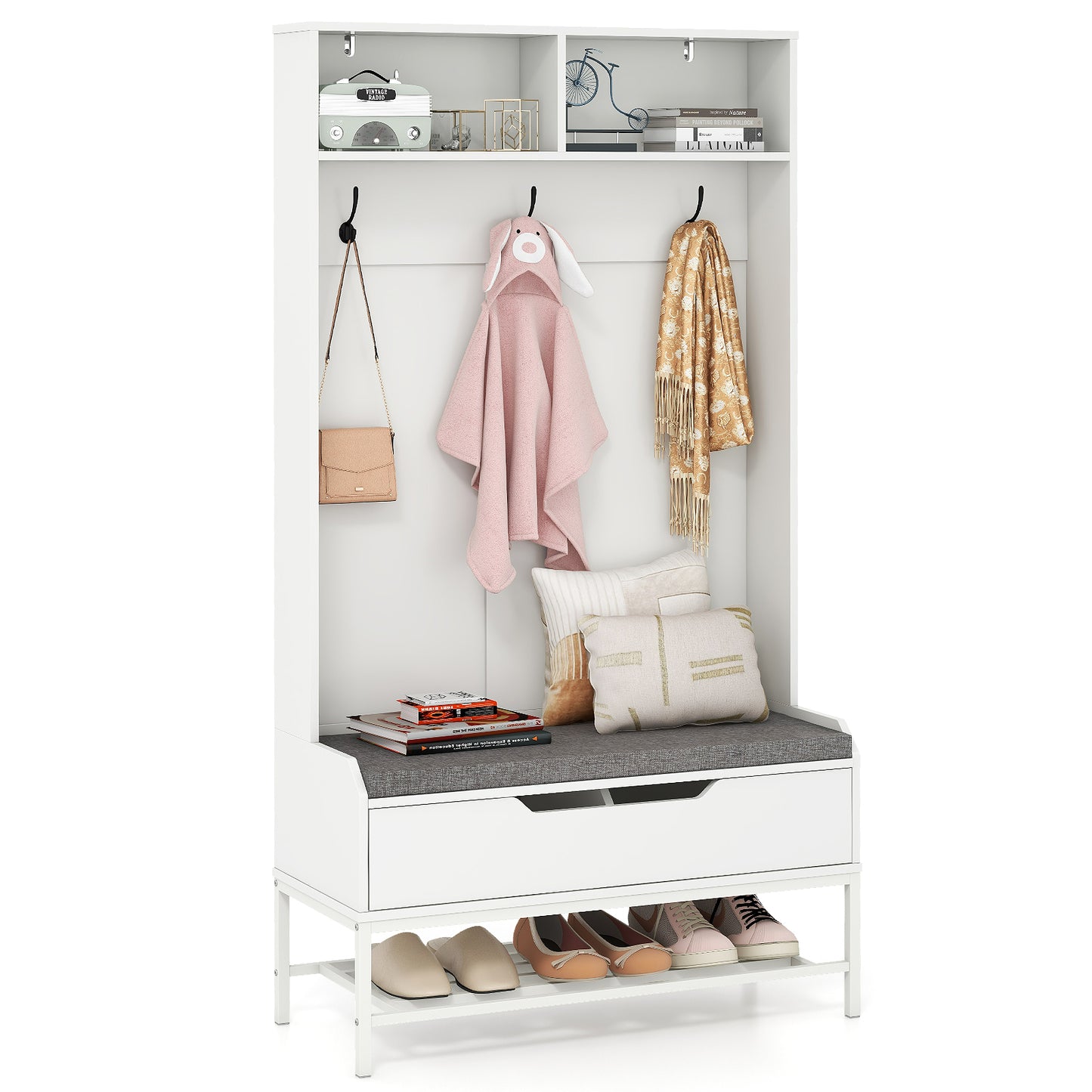 69 Inches Tall Hall Tree 4-in-1 Coat Rack with Seat Cushion and Shoe Storage-White - White