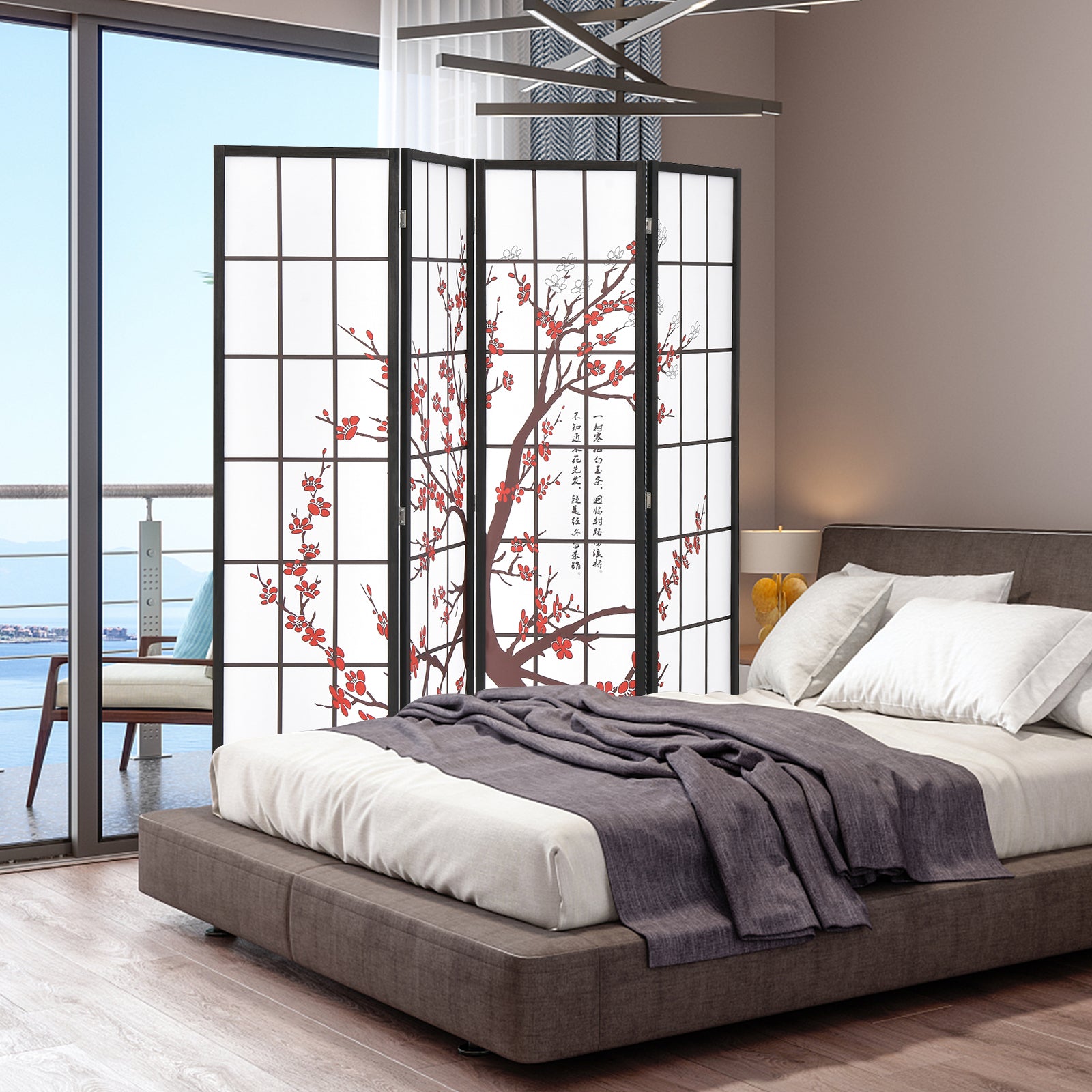 6 Feet Folding Decorative Oriental Privacy Screen with Plum Blossom Design-White