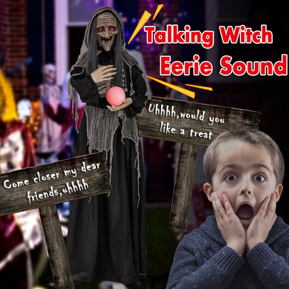 6ft Halloween Animatronics Standing Witch with Light Up Eyes and Magical Ball