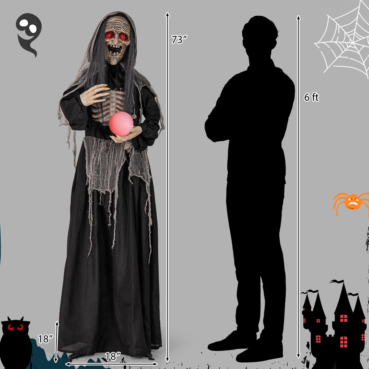 6ft Halloween Animatronics Standing Witch with Light Up Eyes and Magical Ball