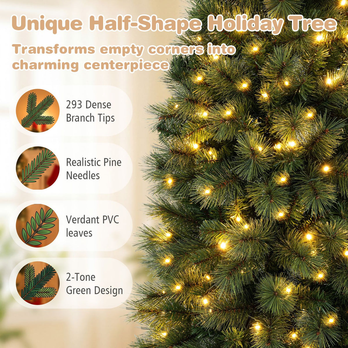 6FT Pre-Lit Half Artificial Christmas Tree with 120 Warm White LED Lights