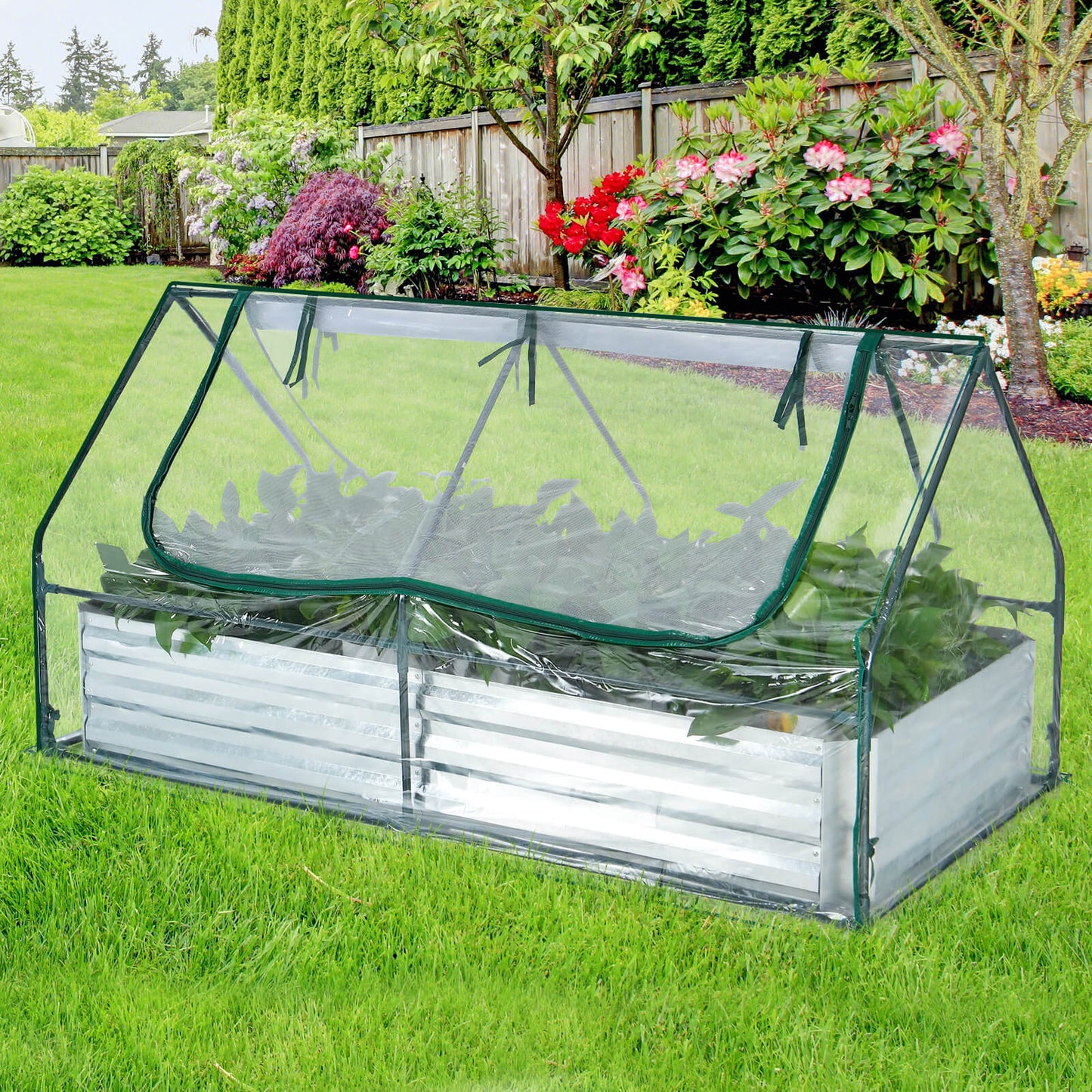 6 x 3 x 3 Feet Galvanized Raised Garden Bed with Greenhouse-Silver