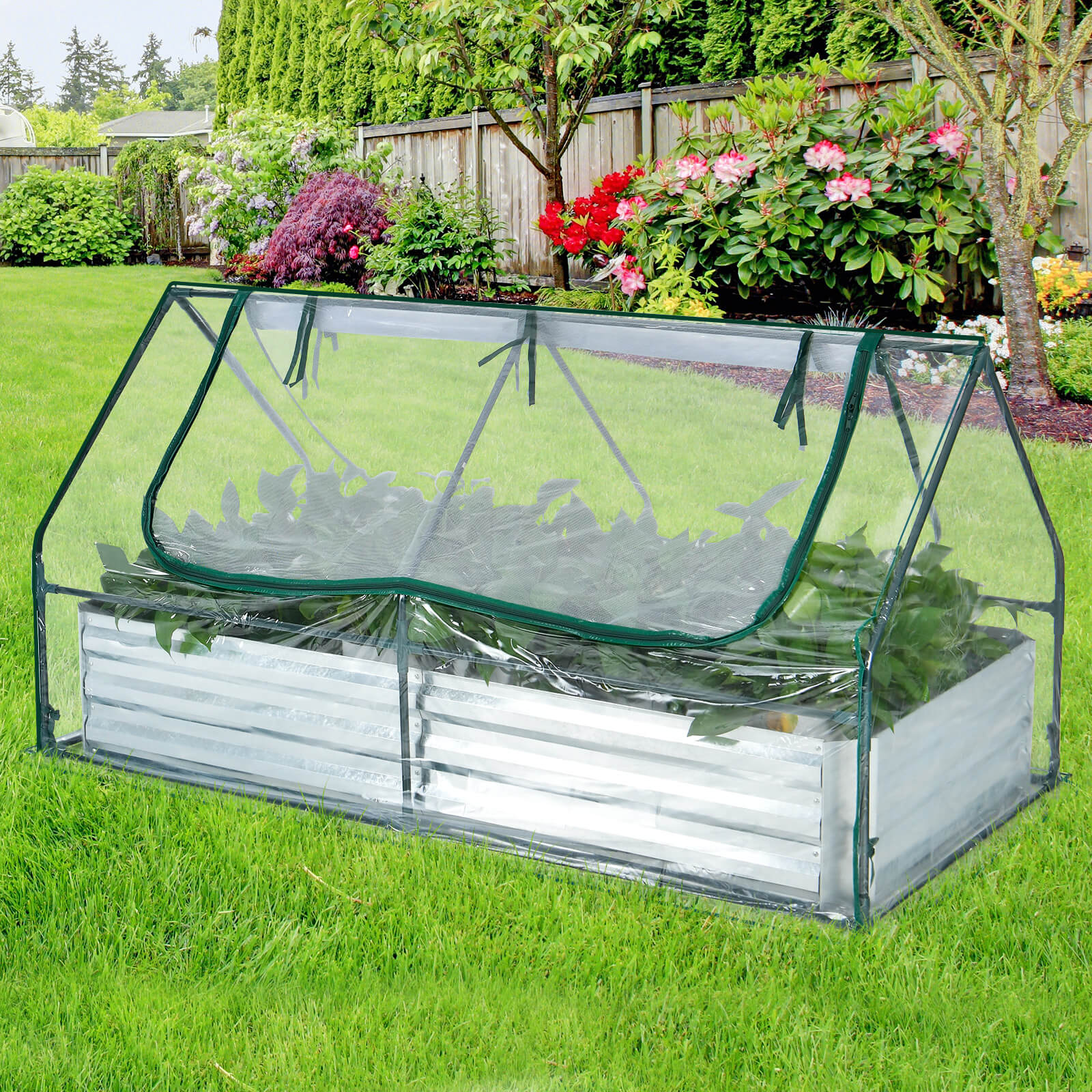 6 x 3 x 3 Feet Galvanized Raised Garden Bed with Greenhouse-Silver
