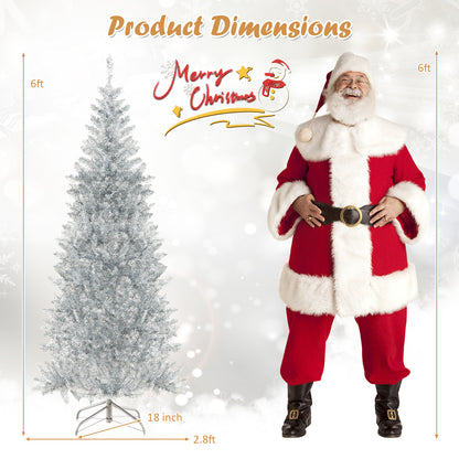 6/7 FT Pre-Lit Artificial Silver Tinsel Xmas Tree with 790 Branch Tips and 300 LED Lights-6 ft