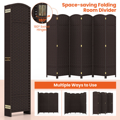 6-Panel Room Divider 5.6 FT Tall Folding Privacy Screen with Hand-woven Texture-Brown