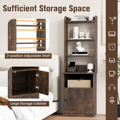 6-Tier Bookshelf Nightstand with Charging Station and Cabinet