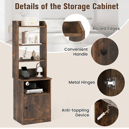 6-Tier Bookshelf Nightstand with Charging Station and Cabinet