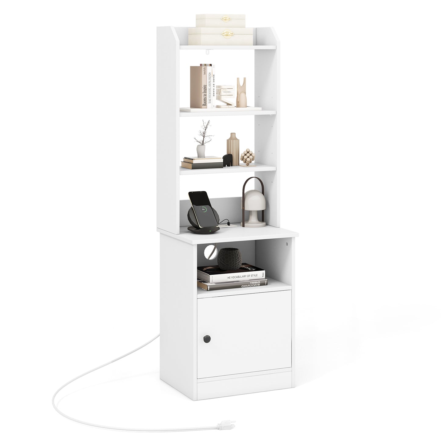 6-Tier Bookshelf Nightstand with Charging Station and Cabinet-White - White