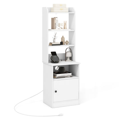 6-Tier Bookshelf Nightstand with Charging Station and Cabinet-White - White