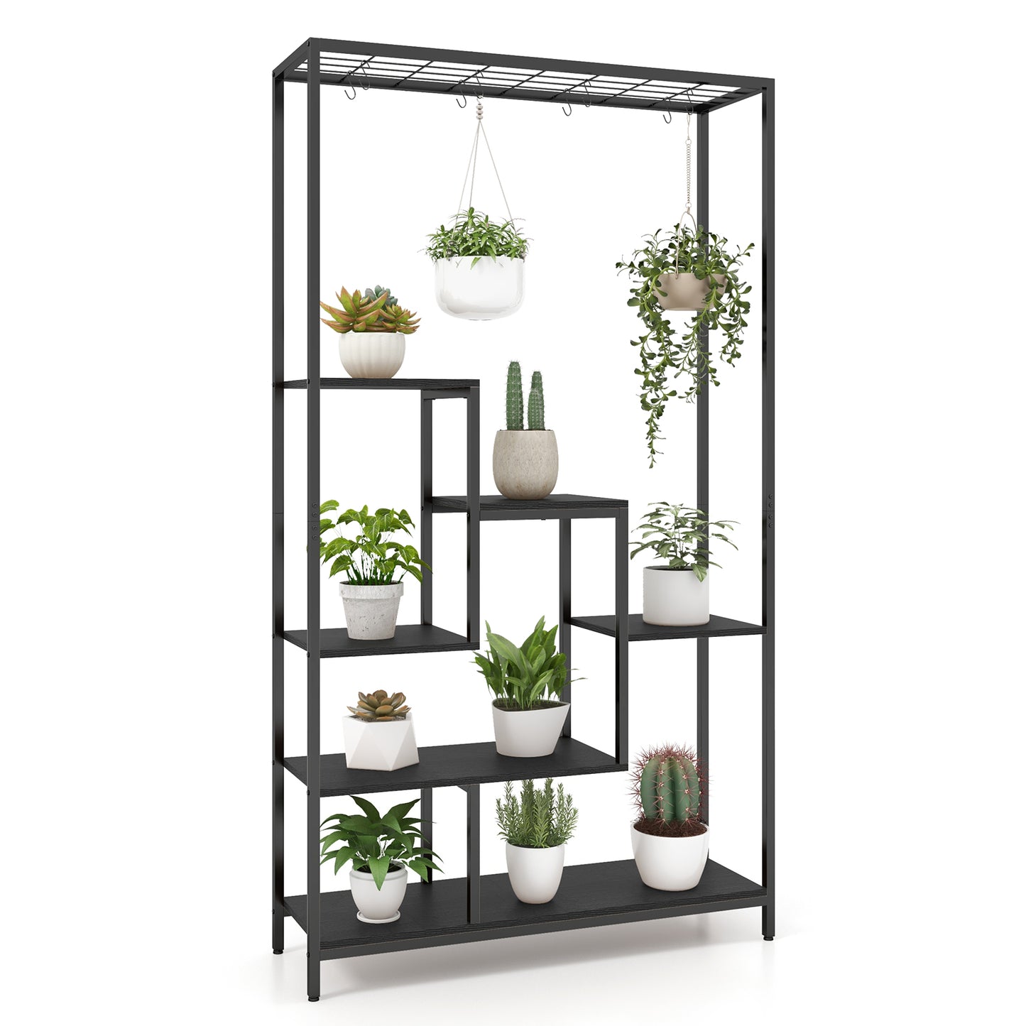 6-Tier Tall Plant Stand 71 Inch Metal Indoor Plant Shelf with 10 Hanging Hooks-Rustic Brown - Black