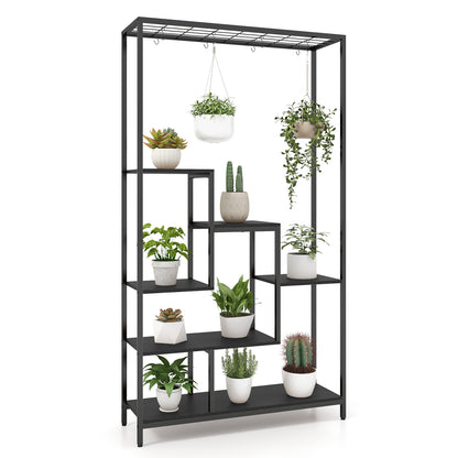 6-Tier Tall Plant Stand 71 Inch Metal Indoor Plant Shelf with 10 Hanging Hooks-Rustic Brown - Black