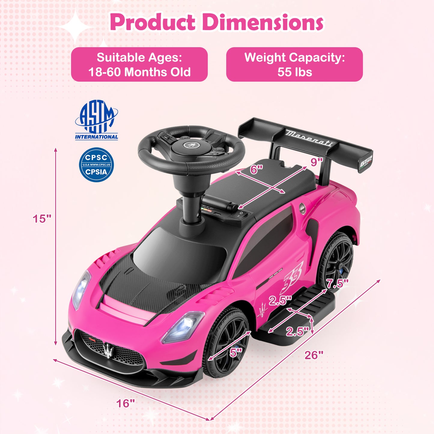 6V Electric Kids Ride on Push Car Maserati Licensed with Foot Pedal and Music-Pink