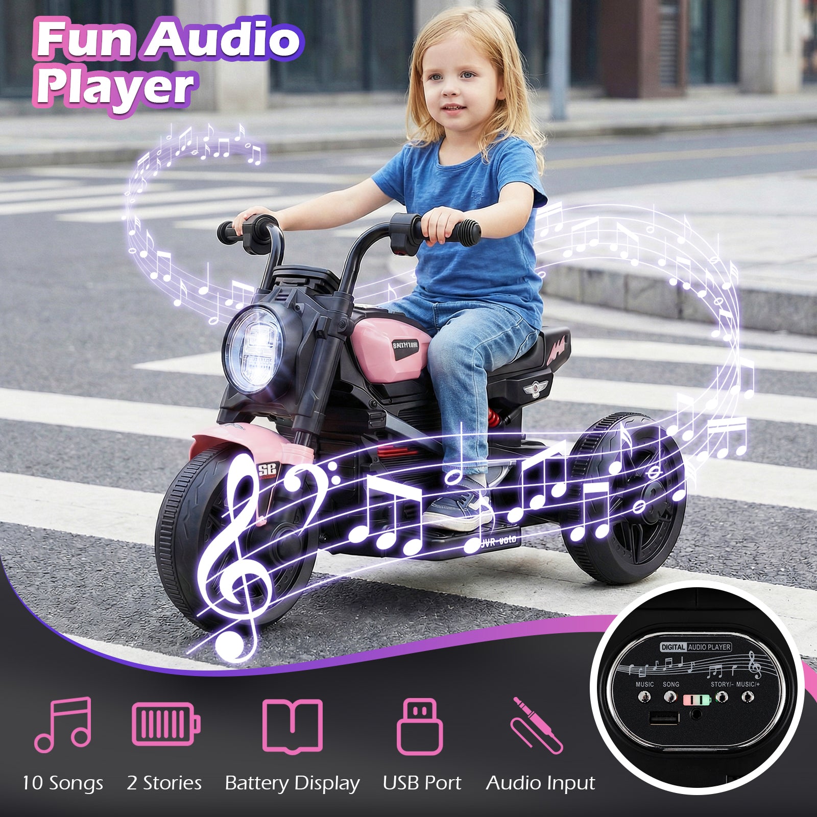 6V Kids Electric Motorcycle with LED Headlight and Music for Toddlers Aged 3-5-Pink