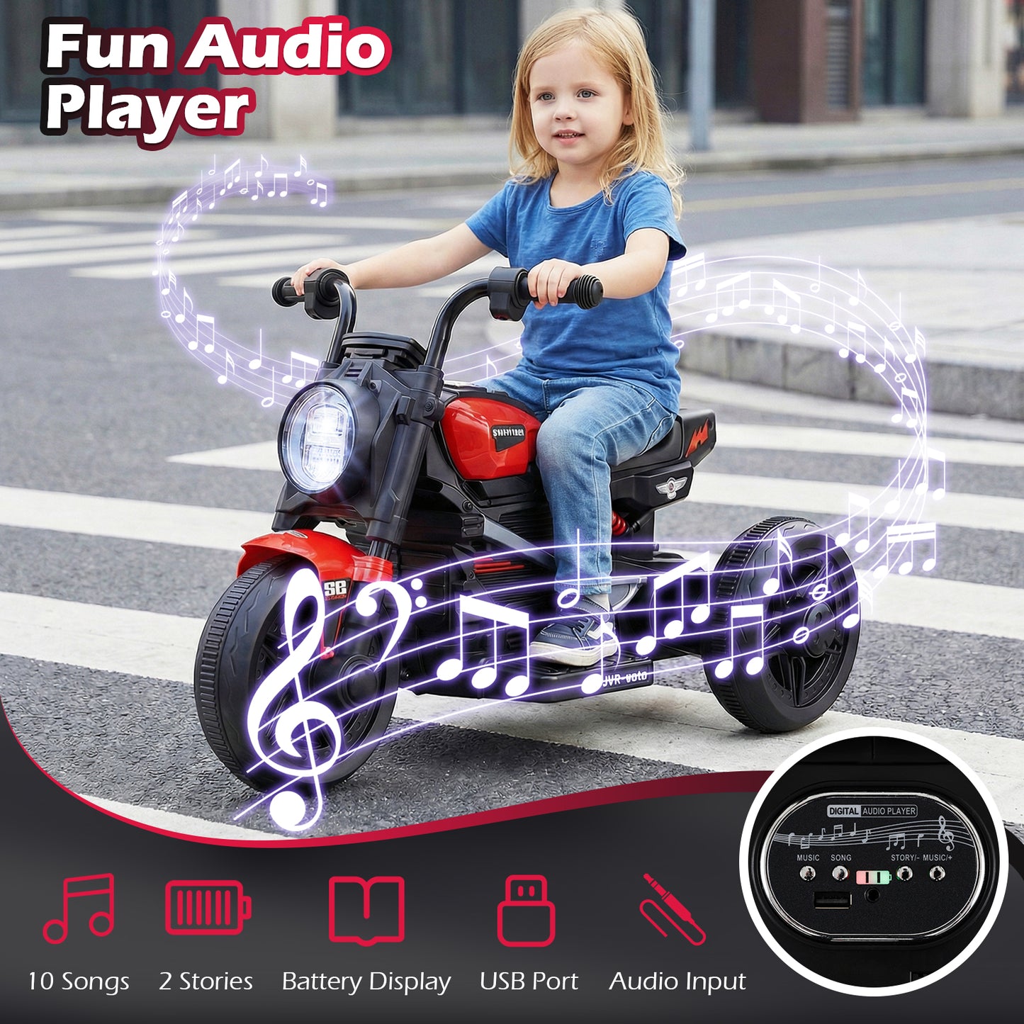 6V Kids Electric Motorcycle with LED Headlight and Music for Toddlers Aged 3-5-Red