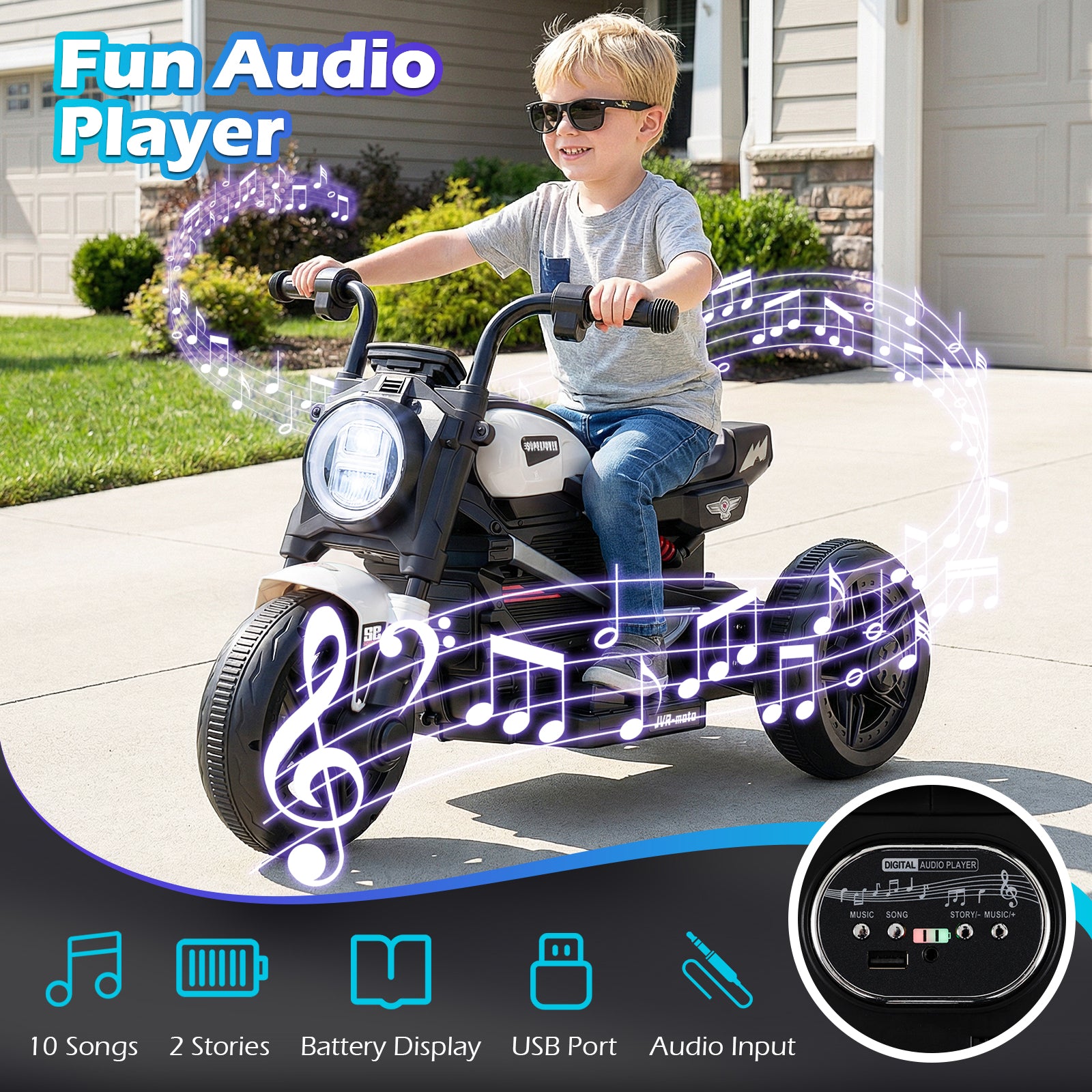 6V Kids Electric Motorcycle with LED Headlight and Music for Toddlers Aged 3-5-White