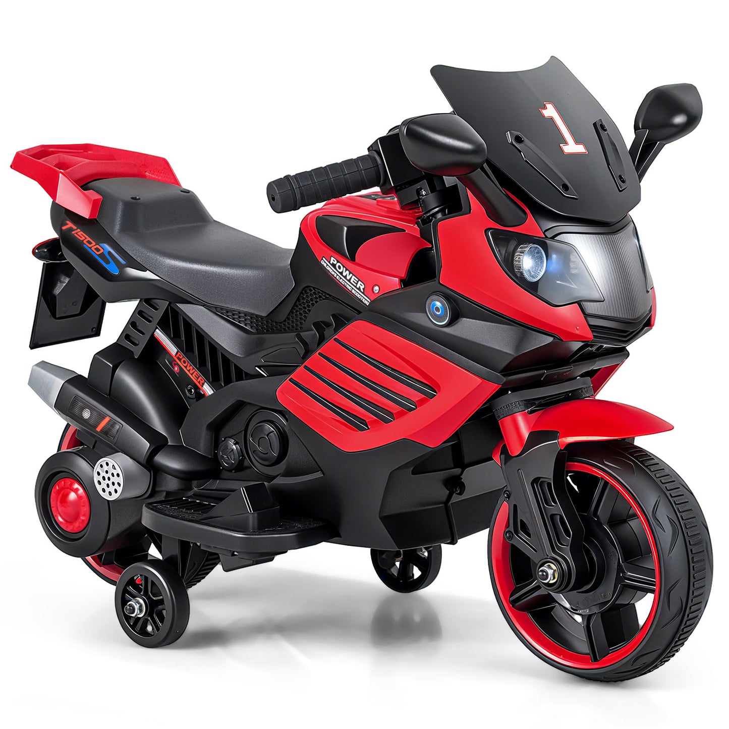 6V Kids Motorcycle with Headlights Music and Detachable Training Wheels-Red