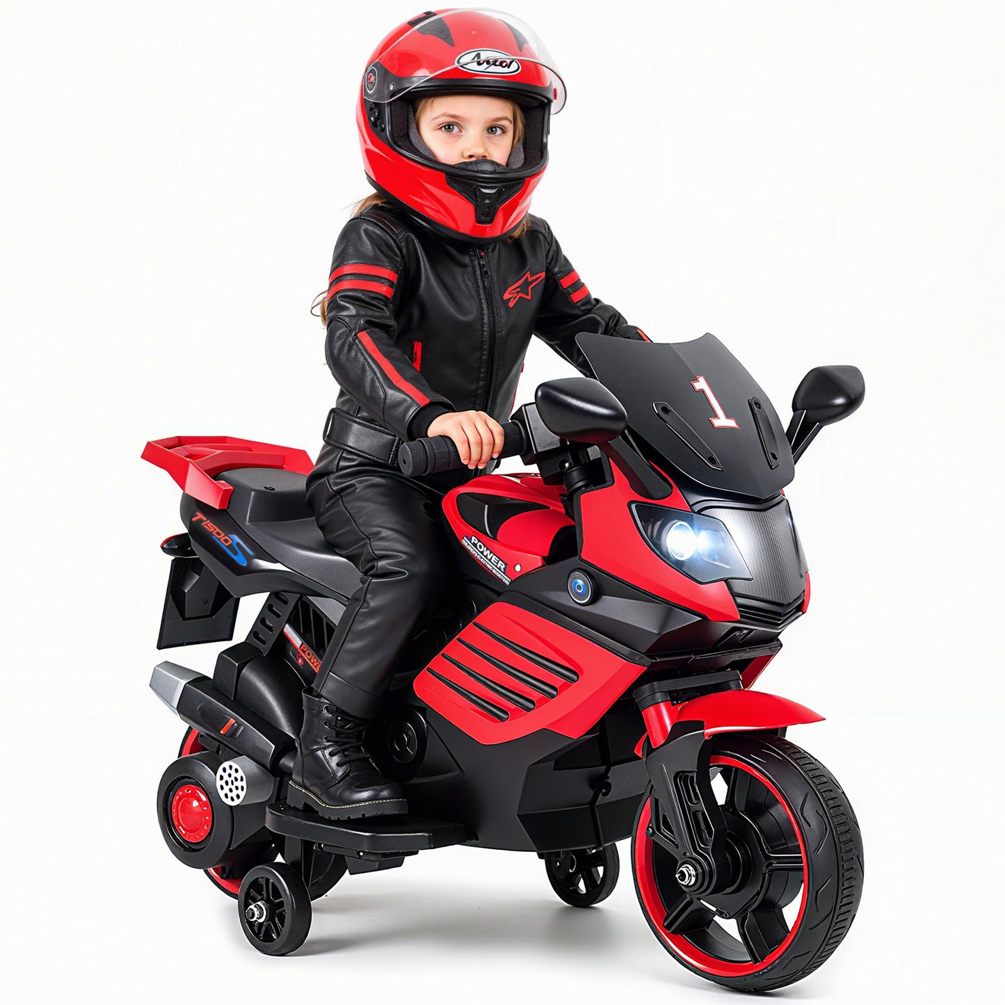6V Kids Motorcycle with Headlights Music and Detachable Training Wheels-Red