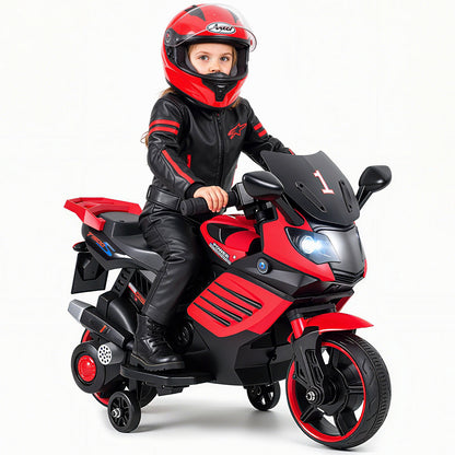 6V Kids Motorcycle with Headlights Music and Detachable Training Wheels-Red