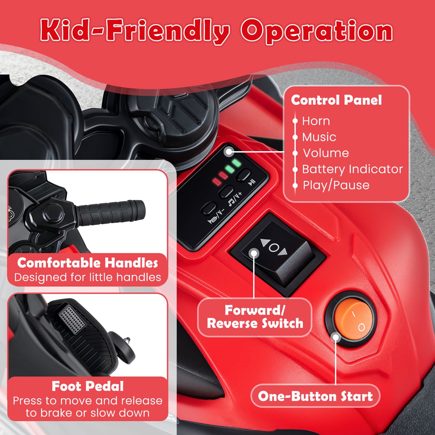 6V Kids Motorcycle with Headlights Music and Detachable Training Wheels-Red