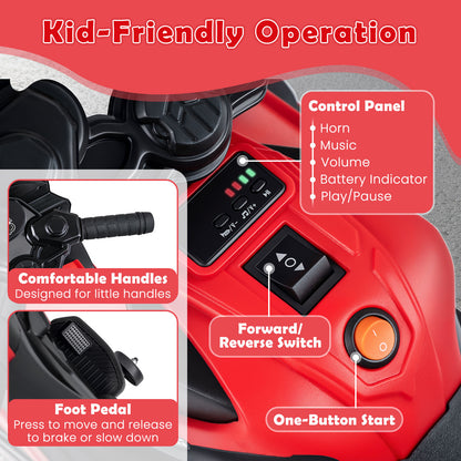 6V Kids Motorcycle with Headlights Music and Detachable Training Wheels-Red
