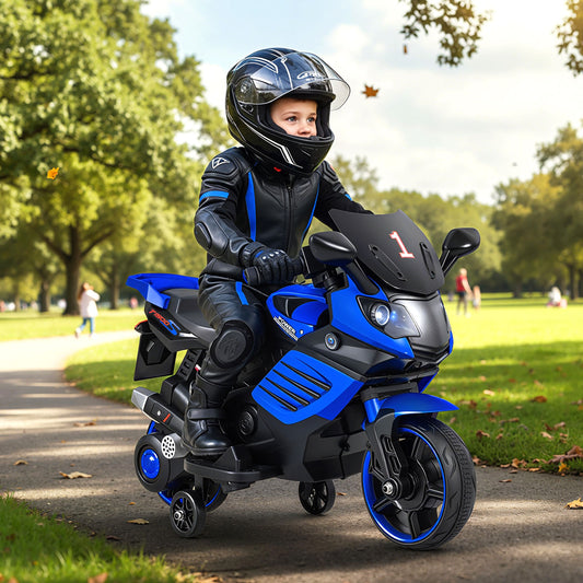 6V Kids Motorcycle with Headlights Music and Detachable Training Wheels-Navy