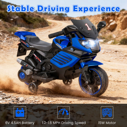 6V Kids Motorcycle with Headlights Music and Detachable Training Wheels-Navy