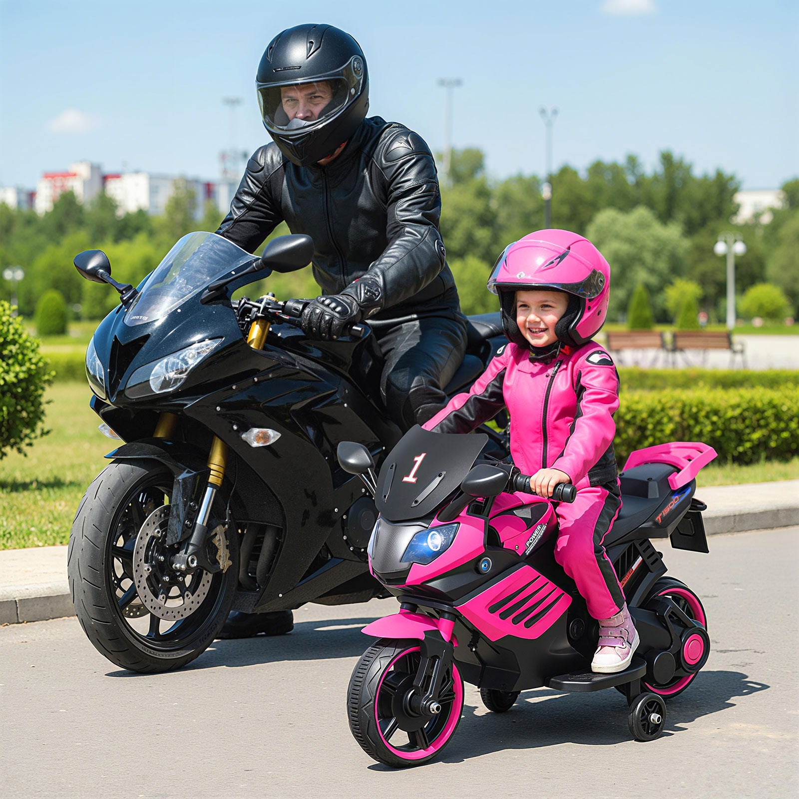 6V Kids Motorcycle with Headlights Music and Detachable Training Wheels-Pink