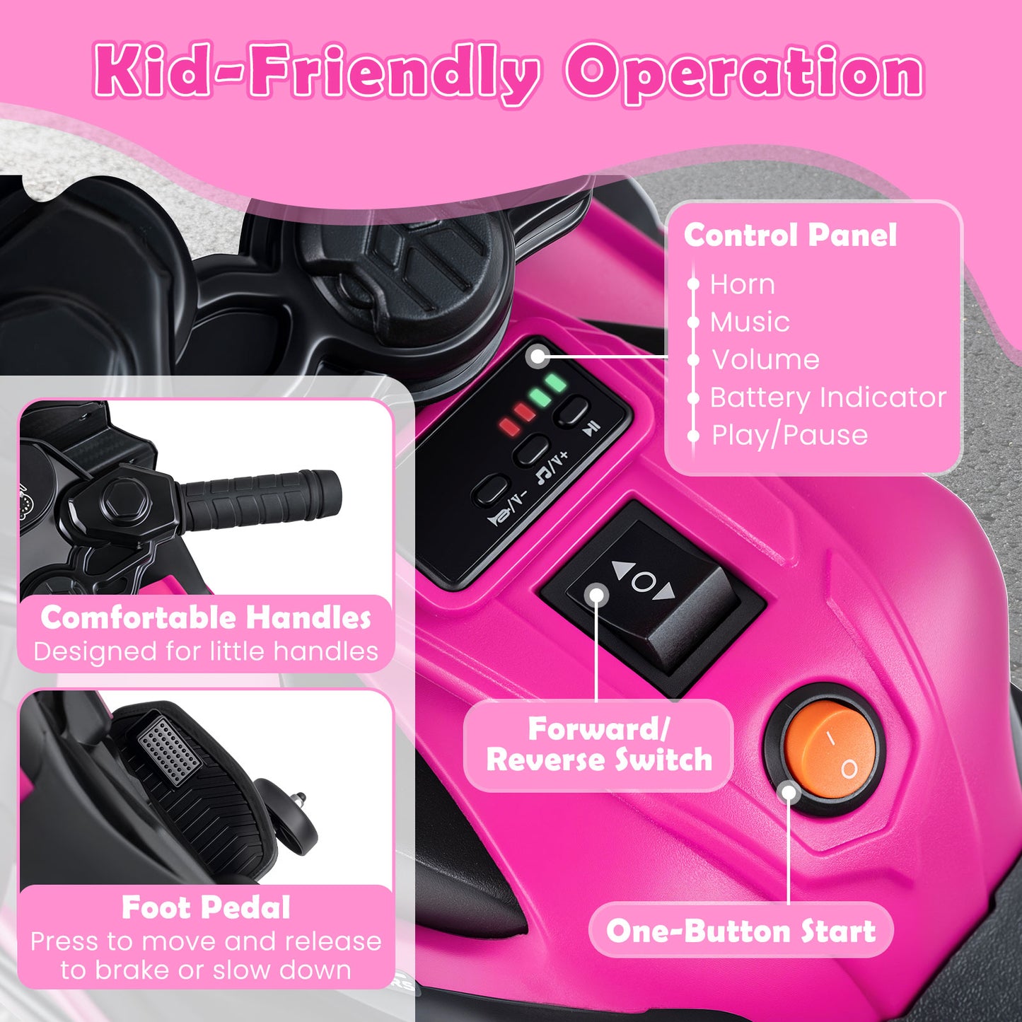 6V Kids Motorcycle with Headlights Music and Detachable Training Wheels-Pink