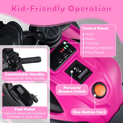 6V Kids Motorcycle with Headlights Music and Detachable Training Wheels-Pink