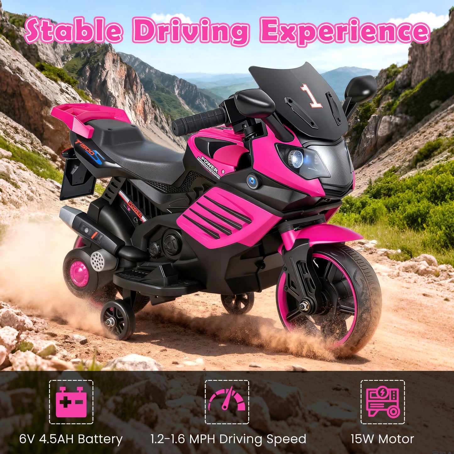 6V Kids Motorcycle with Headlights Music and Detachable Training Wheels-Pink
