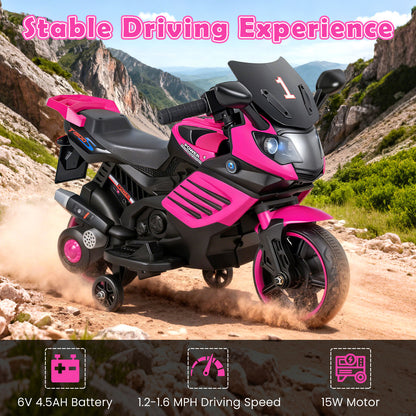 6V Kids Motorcycle with Headlights Music and Detachable Training Wheels-Pink
