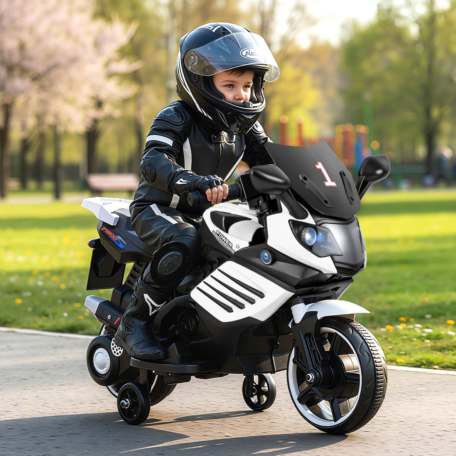 6V Kids Motorcycle with Headlights Music and Detachable Training Wheels-White