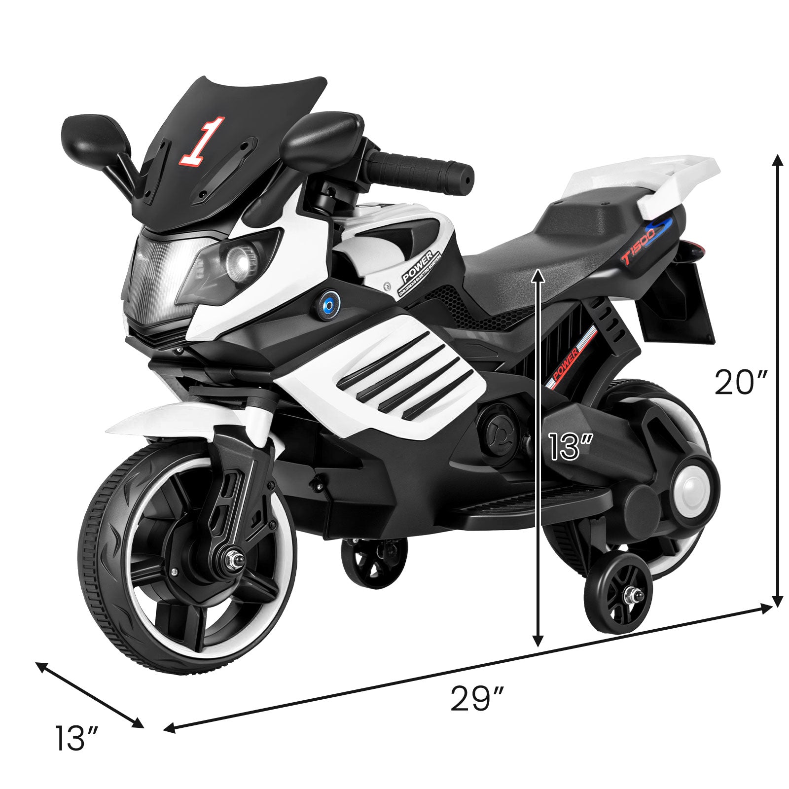 6V Kids Motorcycle with Headlights Music and Detachable Training Wheels-White
