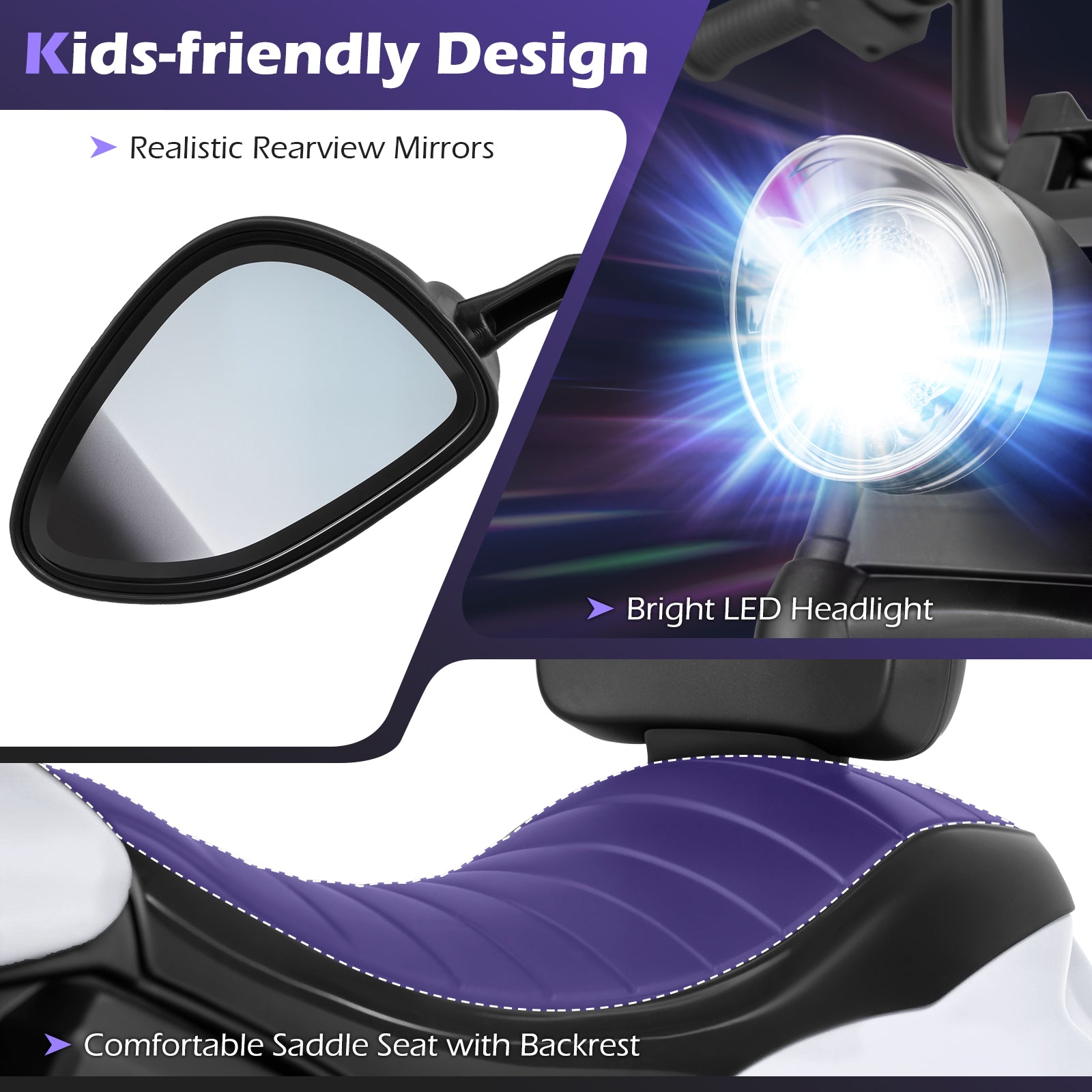 6V Kids Motorcycle with Headlight and Music and Training Wheels-White