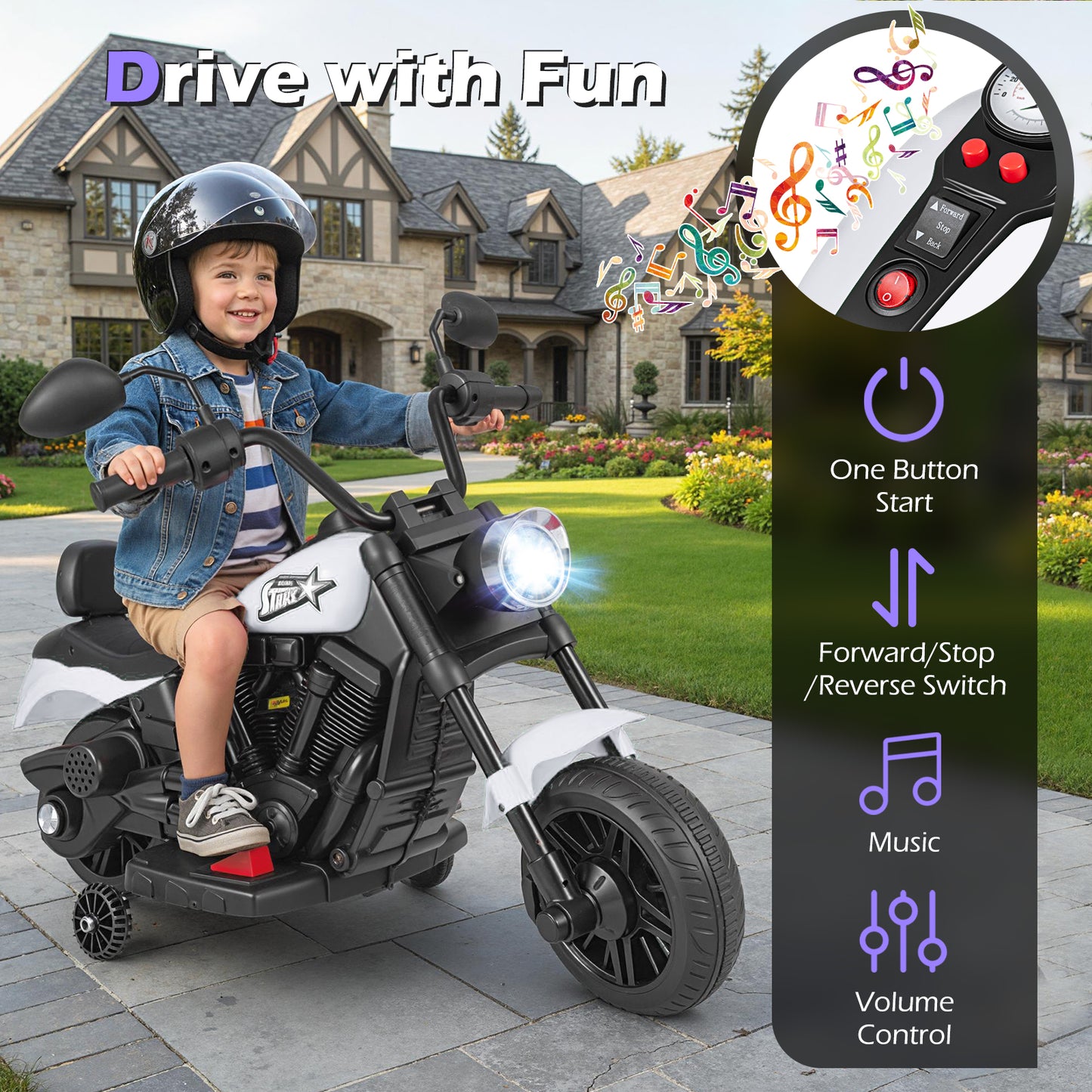 6V Kids Motorcycle with Headlight and Music and Training Wheels-White