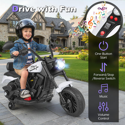 6V Kids Motorcycle with Headlight and Music and Training Wheels-White