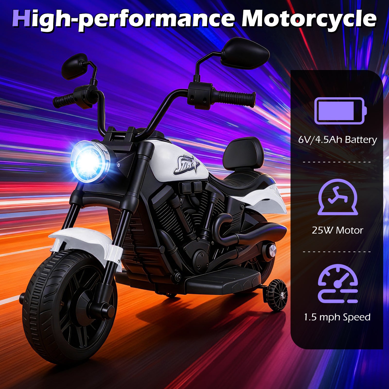 6V Kids Motorcycle with Headlight and Music and Training Wheels-White
