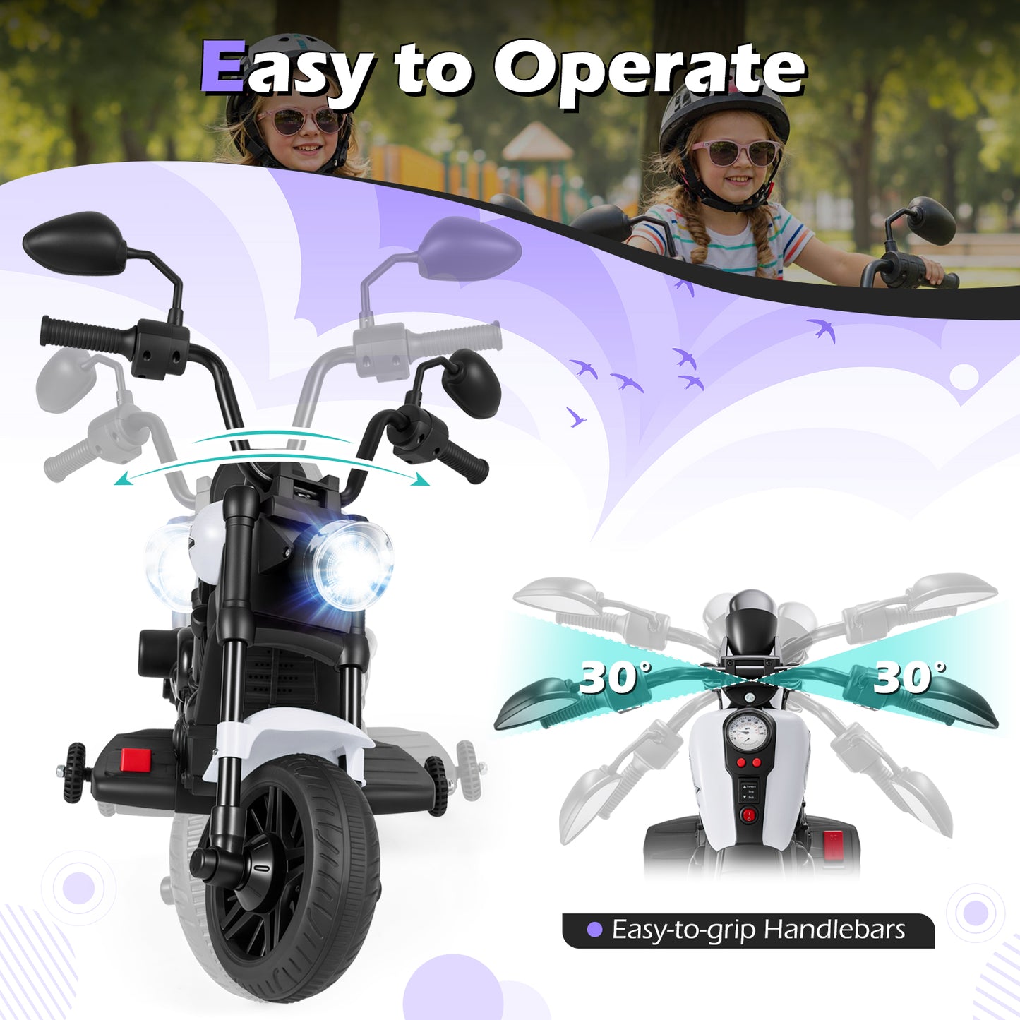 6V Kids Motorcycle with Headlight and Music and Training Wheels-White