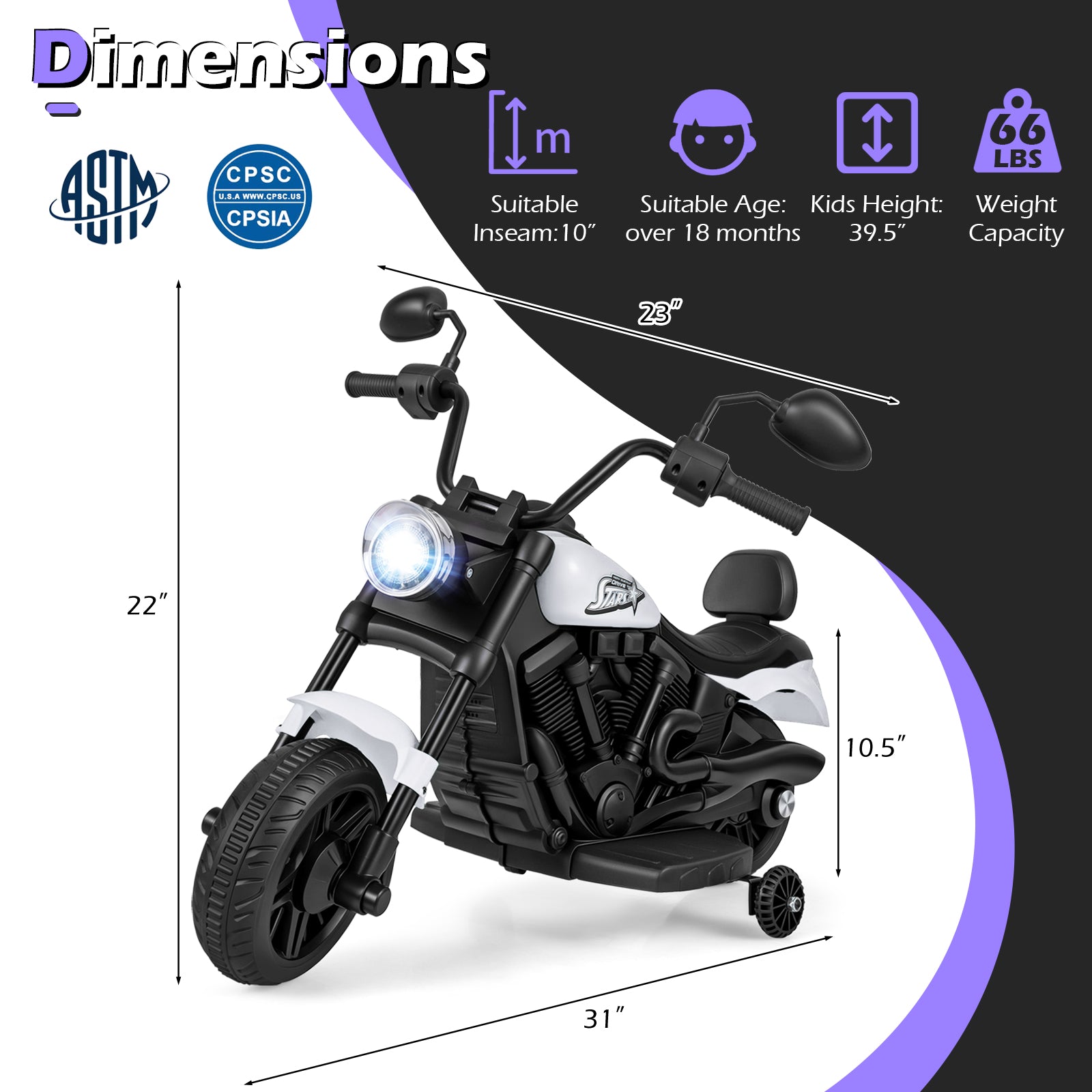 6V Kids Motorcycle with Headlight and Music and Training Wheels-White