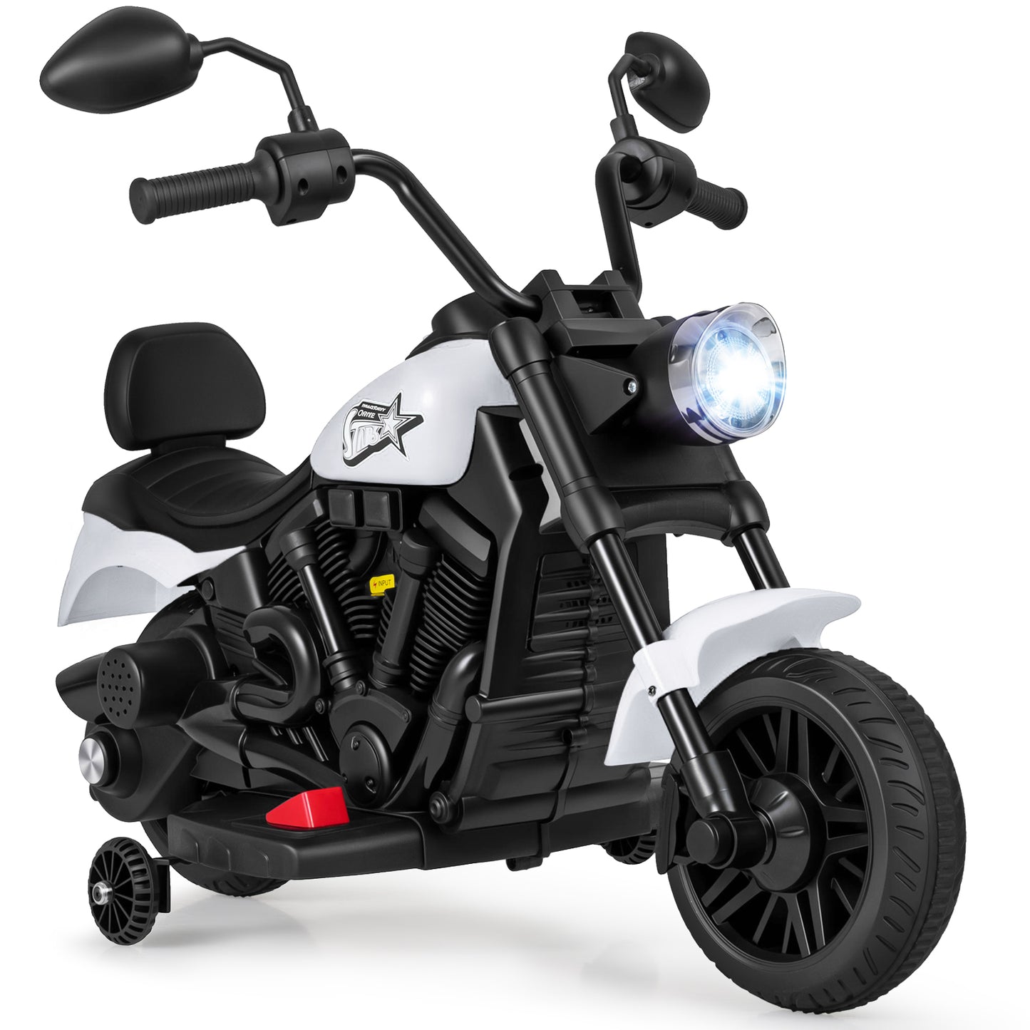 6V Kids Motorcycle with Headlight and Music and Training Wheels-White