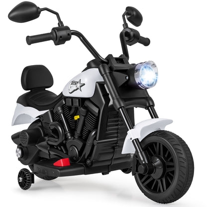 6V Kids Motorcycle with Headlight and Music and Training Wheels-White