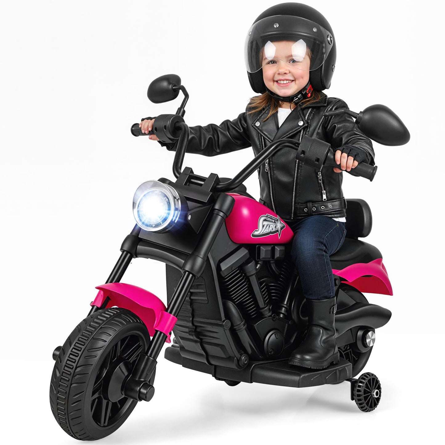 6V Kids Motorcycle with Headlight and Music and Training Wheels-Pink